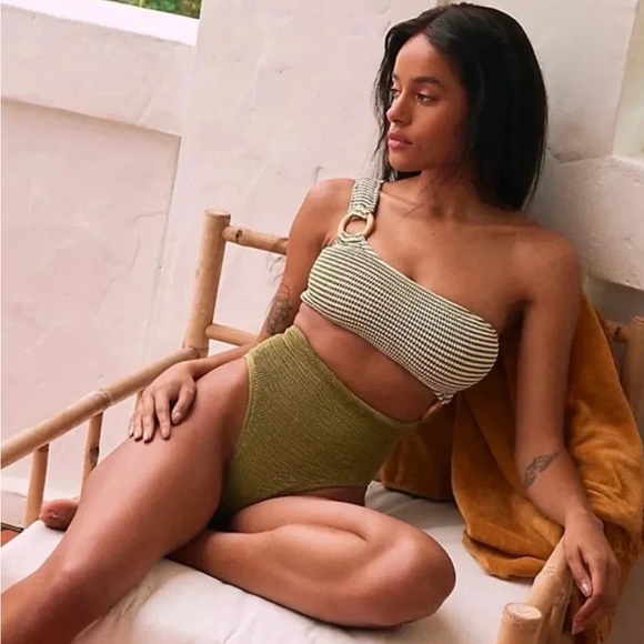 New Cleonie Shell Maillot Smocked One Piece Swimsuit Cut Out Moss Stripe Green